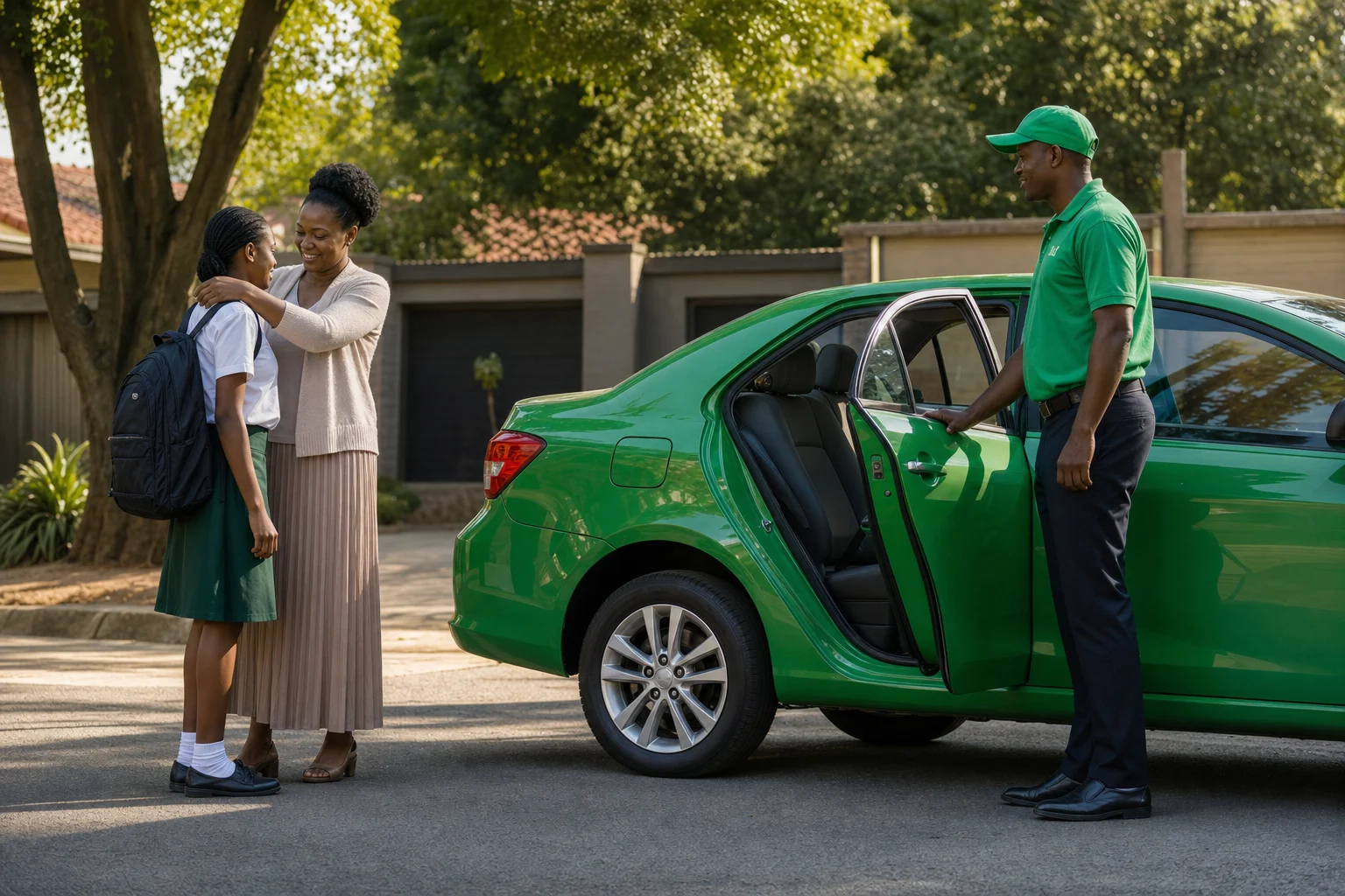 A parent seeing a child off in a green SafeRun vehicle